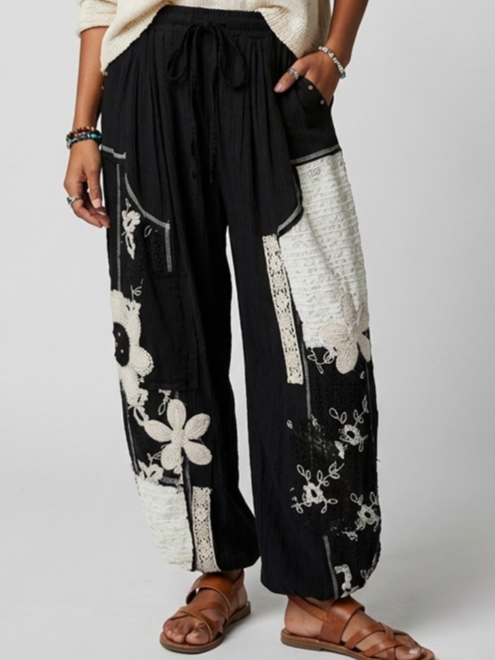 "The Ruri” Black Boho Crochet Patchwork Wide-Leg Pants